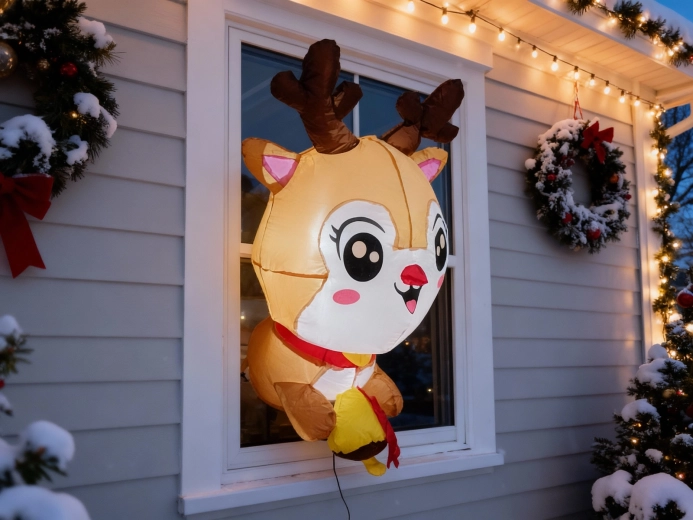 Reno inflable iluminado para ventana de 90 cm con LED y ventosas