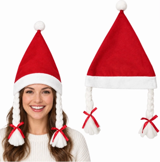 Gorro navideño de la señora Santa con trenzas - 1 unidad