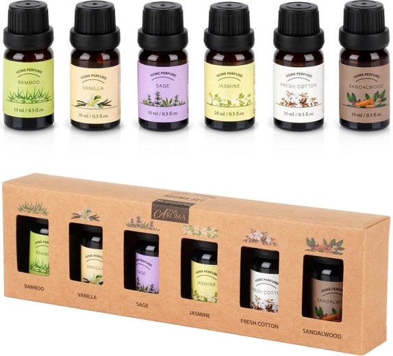 Set de regalo de aceites esenciales 6×10 ml – bambú, vainilla, salvia, jazmín, fresh cotton, madera de sándalo