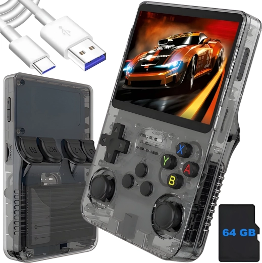 Consola portátil retro Renew Force R36S negra 64 GB con ArkOS 2.0