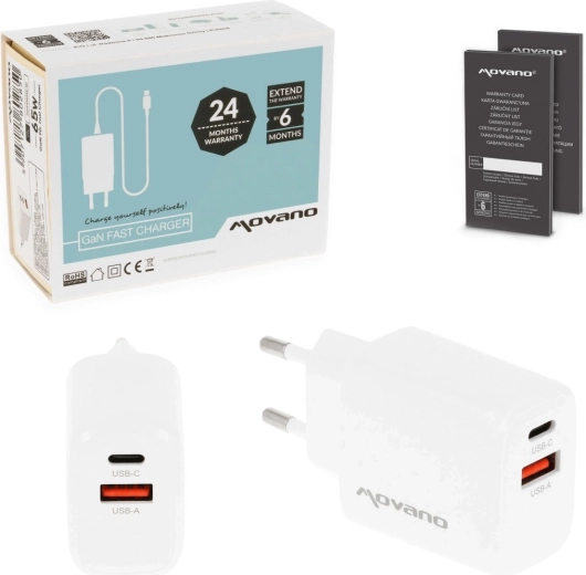 Cargador Movano GaN 30 W USB-C PD + USB-A blanco - 1 unidad