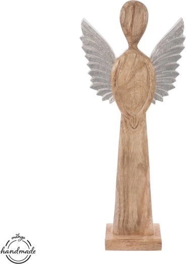 Ángel decorativo de madera con alas metálicas en tono mango 42,5 cm