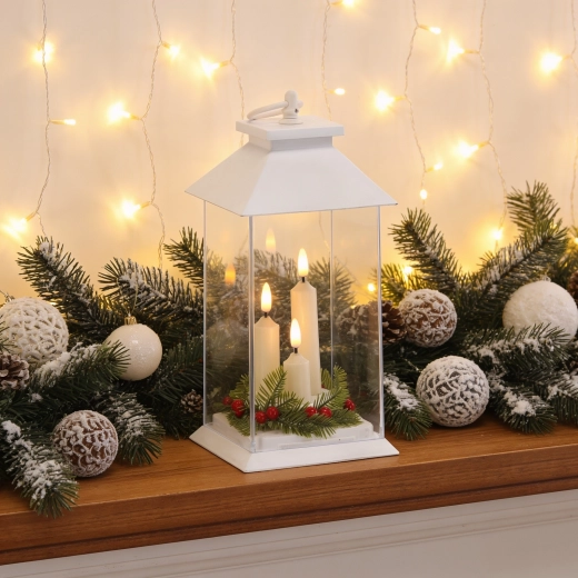 Linterna LED blanca con tres velas y temporizador, 14 × 14 × 27 cm