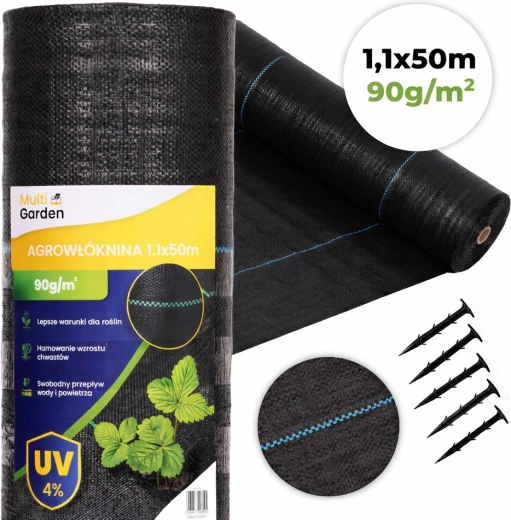 Tela antihierbas resistente a los rayos UV 90 g/m², 1,1 × 50 m con piquetas, MultiGarden