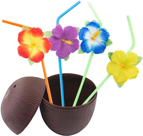 Vaso con forma de coco con pajita floral