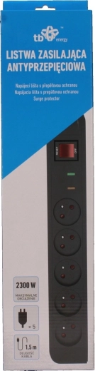 Regleta alargadora con protección contra sobretensiones ENERGY 5× tomas, cable 1,5 m
