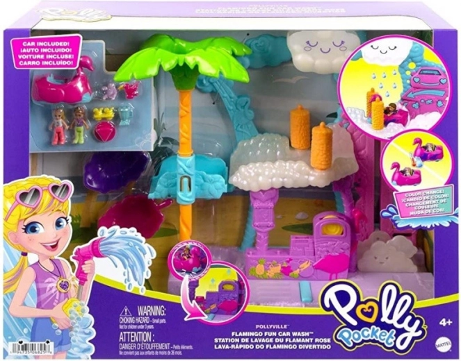Polly Pocket Lavado de coches con flamencos – set de juego con coche que cambia de color