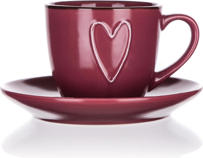 Taza de cerámica con platillo 260 ml HEART, burdeos