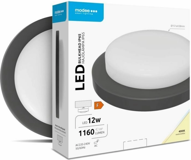 Lámpara LED redonda de pared/techo 12 W, 4000 K, 1160 lm, negra – MODEE LED Bulkhead Round