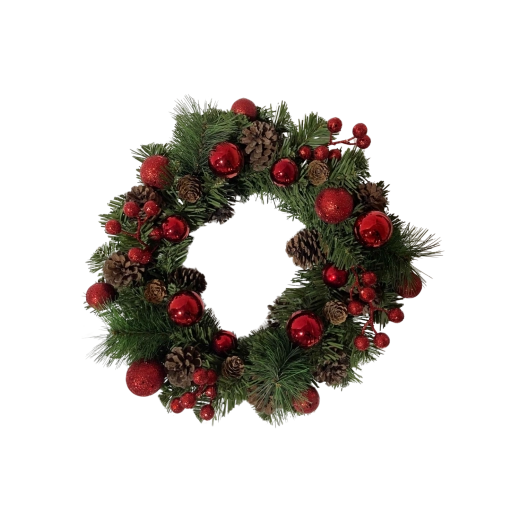 Corona navideña de 36 cm con piñas y adornos rojos