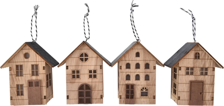 Casita colgante de madera con luz LED beige 10 × 6 × 9 cm