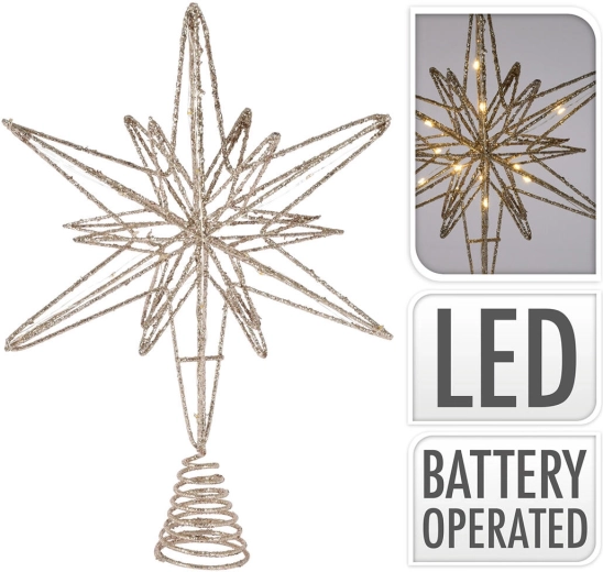 Punta para árbol de Navidad en forma de estrella con 20 LED, 33 cm, champán/dorado