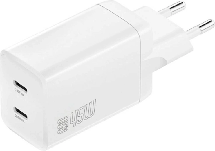 Cargador de red 4smarts PDPlug Dual 45W GaN, 2× USB‑C, blanco