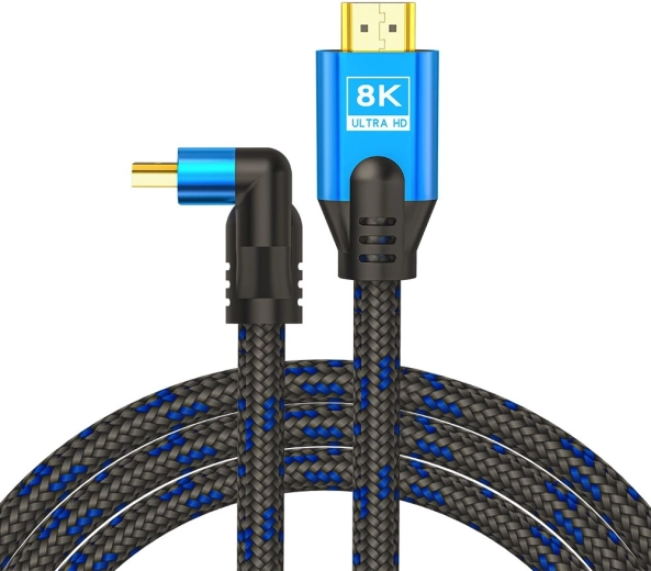 Cable HDMI v2.1 acodado 1,8 m 8K Ethernet conectores chapados en oro 24k azul-negro
