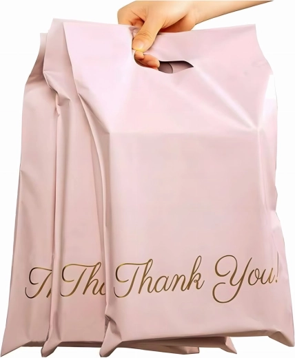 Sobres de mensajería rosas con asa e impresión THANK YOU 400 × 500 + 70 mm - 50 uds.