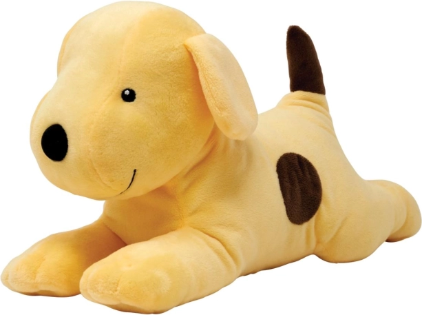 Perro de peluche amarillo con manchas marrones
