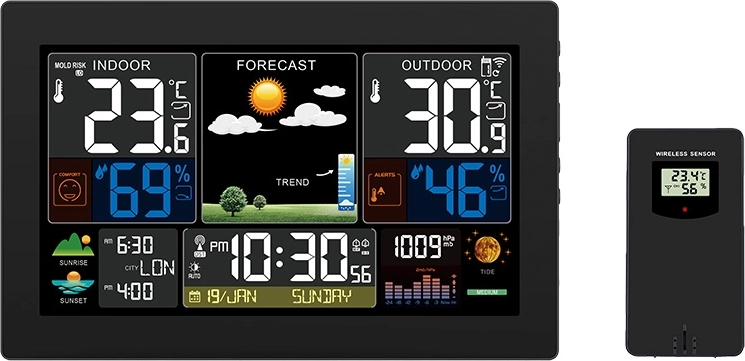 Meteostación Solight con pantalla LCD XL a color, temperatura, humedad, presión, RCC, negra