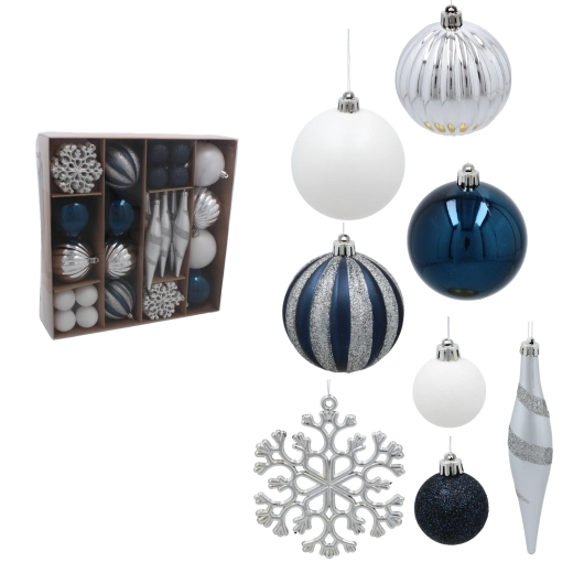Juego de 50 adornos navideños en azul marino y plata