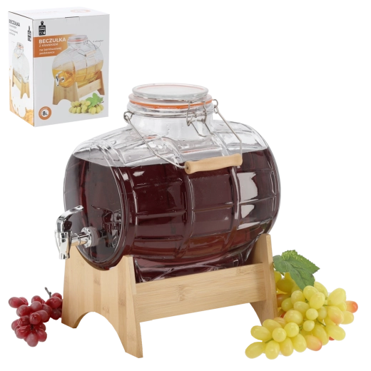Barril de vidrio para bebidas de 8 l con soporte de bambú y grifo