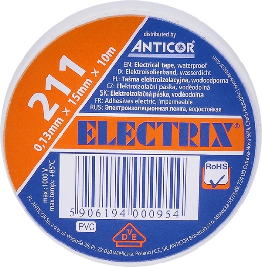 Cinta aislante eléctrica Solight blanca 15 mm x 0,13 mm x 10 m