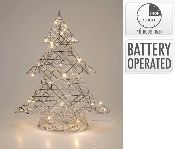 Decoración LED plateada en forma de árbol con temporizador, 40 cm