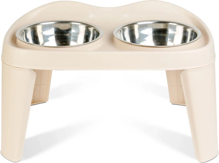 Soporte elevado con dos cuencos de acero inoxidable para perros y gatos, talla S, blanco