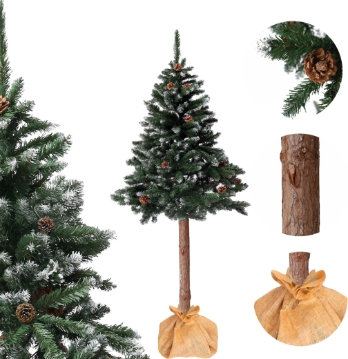 Árbol de Navidad artificial con tronco 150 cm, pino diamante con piñas, nevado