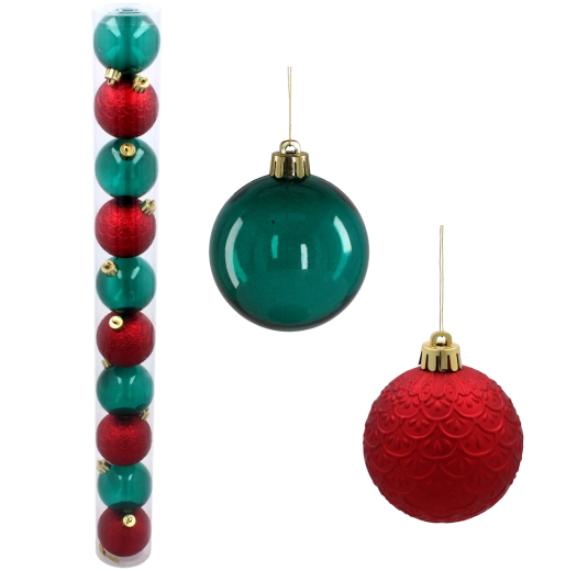 Set de 10 adornos navideños de 6 cm – rojo y verde botella