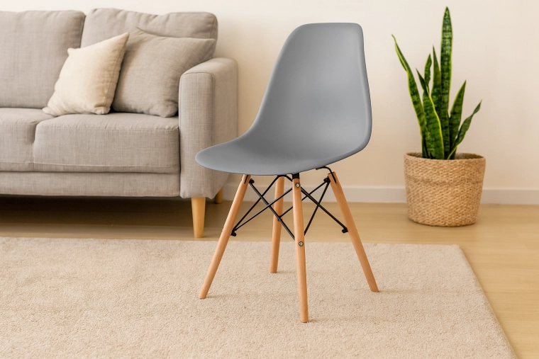 Silla de comedor moderna gris con patas de madera