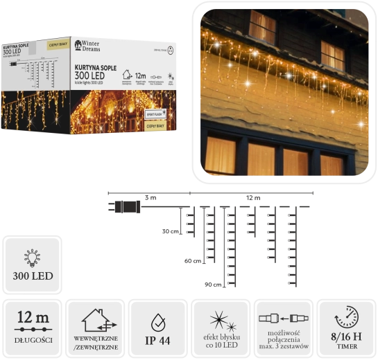 Cortina luminosa LED – carámbanos 300 LED, blanco cálido con parpadeo frío, 12 m