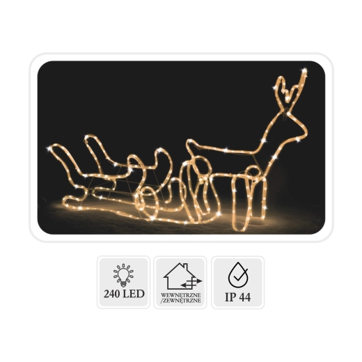 Reno LED navideño con trineo 120 × 27 × 66 cm, blanco cálido + flash frío, para interior y exterior