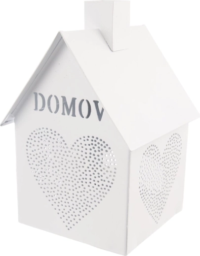 Candelabro metálico blanco en forma de casita con corazón «Hogar» 17 cm