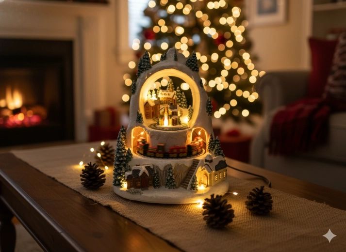 Pueblo invernal navideño LED con tren, caja de música 23 × 23 × 25,5 cm