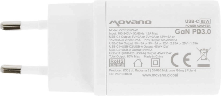Cargador GaN Movano 65 W, 2× USB-C PD + USB-A blanco