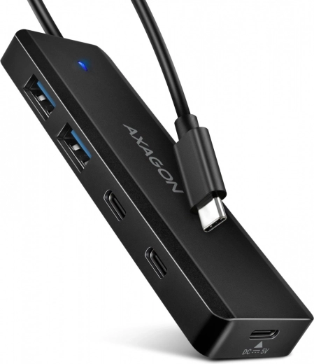 Hub de viaje USB‑C AXAGON de 4 puertos 5Gbps (2× USB‑A, 2× USB‑C) con alimentación USB‑C y cable de 19 cm