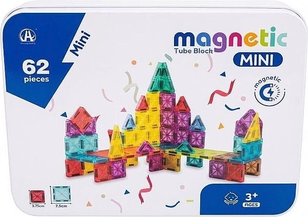 Mini kit de construcción magnético de 62 piezas en un recipiente