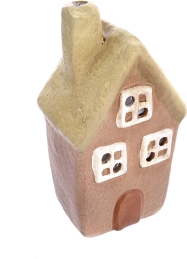 Portavelas de cerámica con forma de casita beige-verde 14 cm