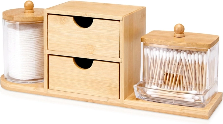 Organizador de baño de bambú para cosméticos con cajones y botes Eleganza