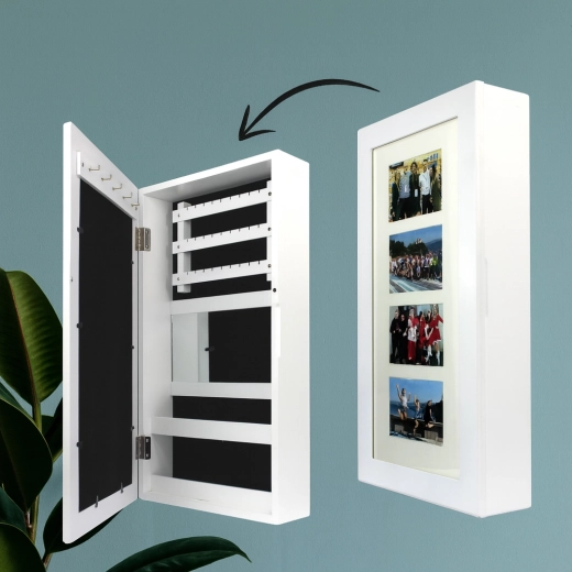 Joyero de pared blanco con espejo 31 × 10 × 56 cm