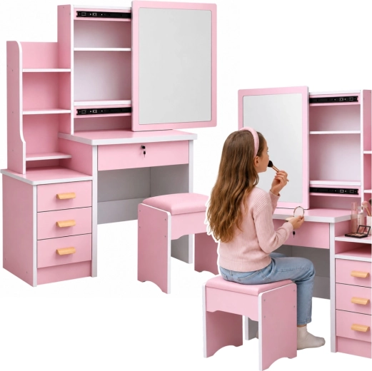Tocador cosmético rosa con espejo grande, cajones, estantes y taburete 131 × 80 × 36 cm