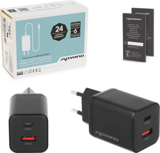 Cargador de red Movano GaN 45 W USB-C PD + USB-A negro