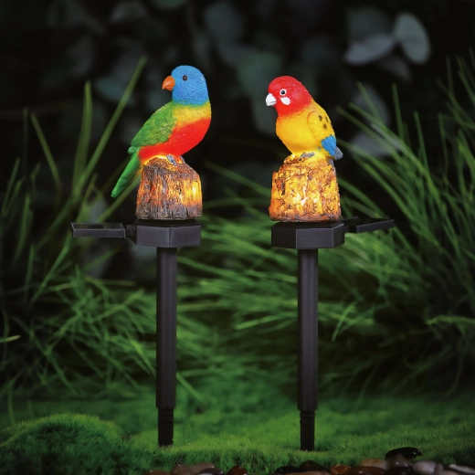 Luz solar de jardín con loro y luz LED blanca cálida
