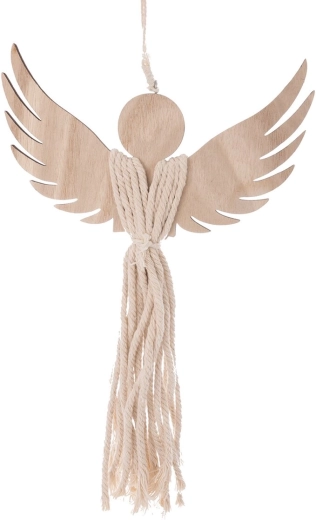 Ángel de madera y macramé en acabado marrón natural