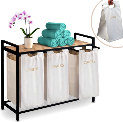 Cesto para la ropa de tres compartimentos con estante Massido, 120 l
