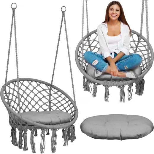 Sillón colgante boho con cojín, gris