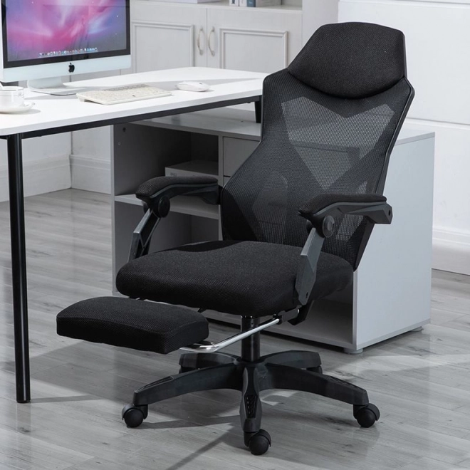 Silla de oficina giratoria con reposacabezas y reposapiés extensible – negra