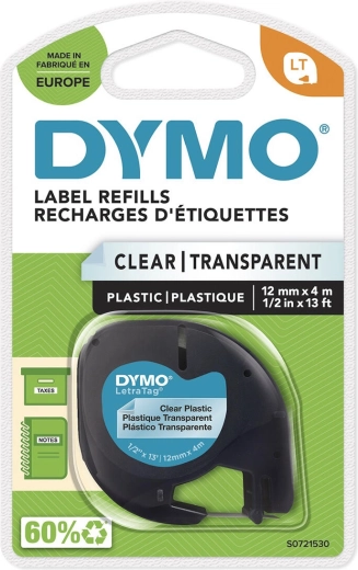 Cinta DYMO LetraTag 12 mm x 4 m, plástico transparente