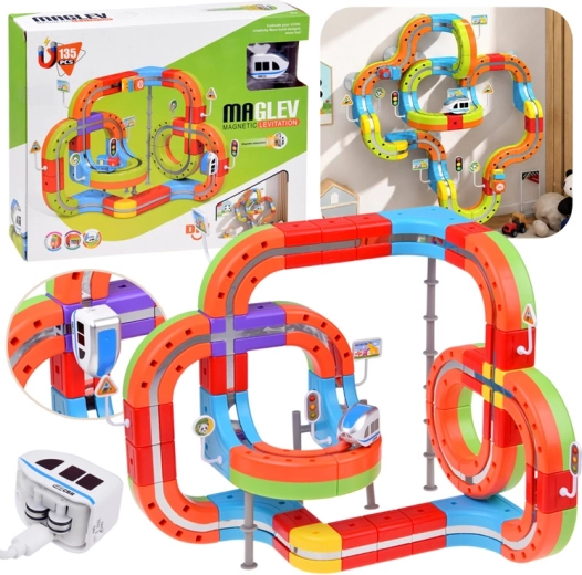 Juego de construcción magnético con pista para tren (135 piezas)