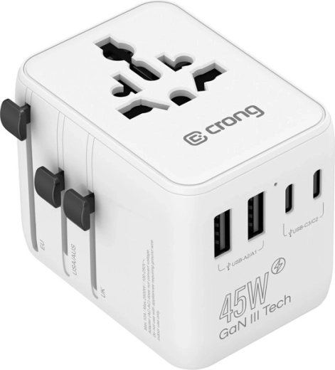 Adaptador de viaje y cargador GaN de 45 W con USB-C/USB-A (UK/EU/US/AU), blanco - 1 pieza