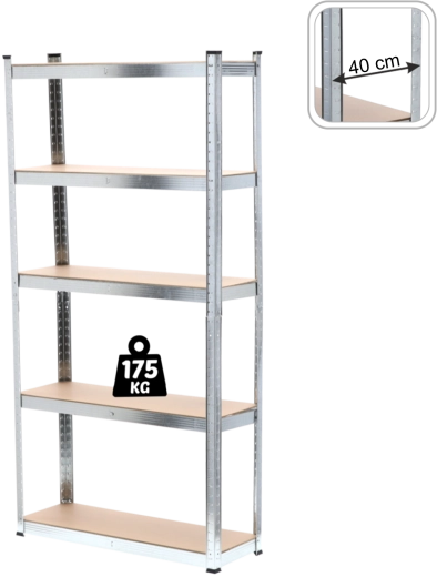 Estantería metálica de cinco niveles 180 × 90 × 40 cm, capacidad de carga por balda 175 kg